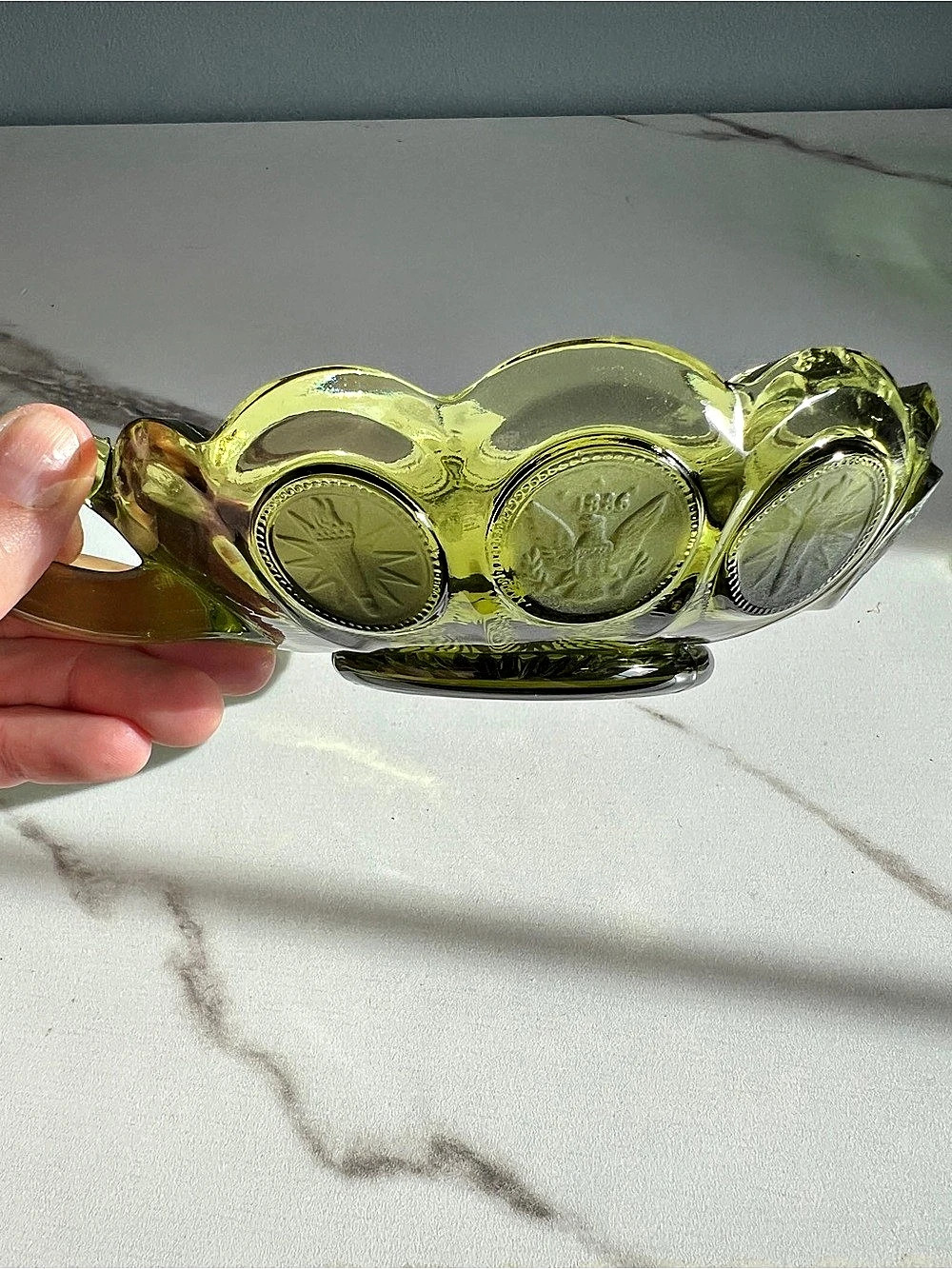 Fostoria Coin Glass Handled Nappy Bowl Green